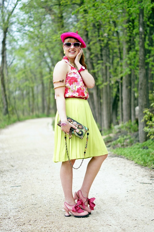 Winnipeg Fashion Blog, Canadian Fashion Blog, INC International Concepts silk pink green floral halter top blouse, Banana Republic green pleated skirt, Forever 21 hot pink fuchsia patent belt, Mary Frances Force of Nature silk watercolored stone beaded clutch bag, Betsey Johnson Lip Kiss crystal bangle bracelet, Coach hot pink fuchsia watch, Victoria Secret pink crystal cocktail ring, Natasha snake coil arm band, Natasha green crystal stone statement necklace, Adia Kibur neon yellow earrings, Icing pink floral print sunglasses, Fluevog pink bows Mini sweet pea slingback heels